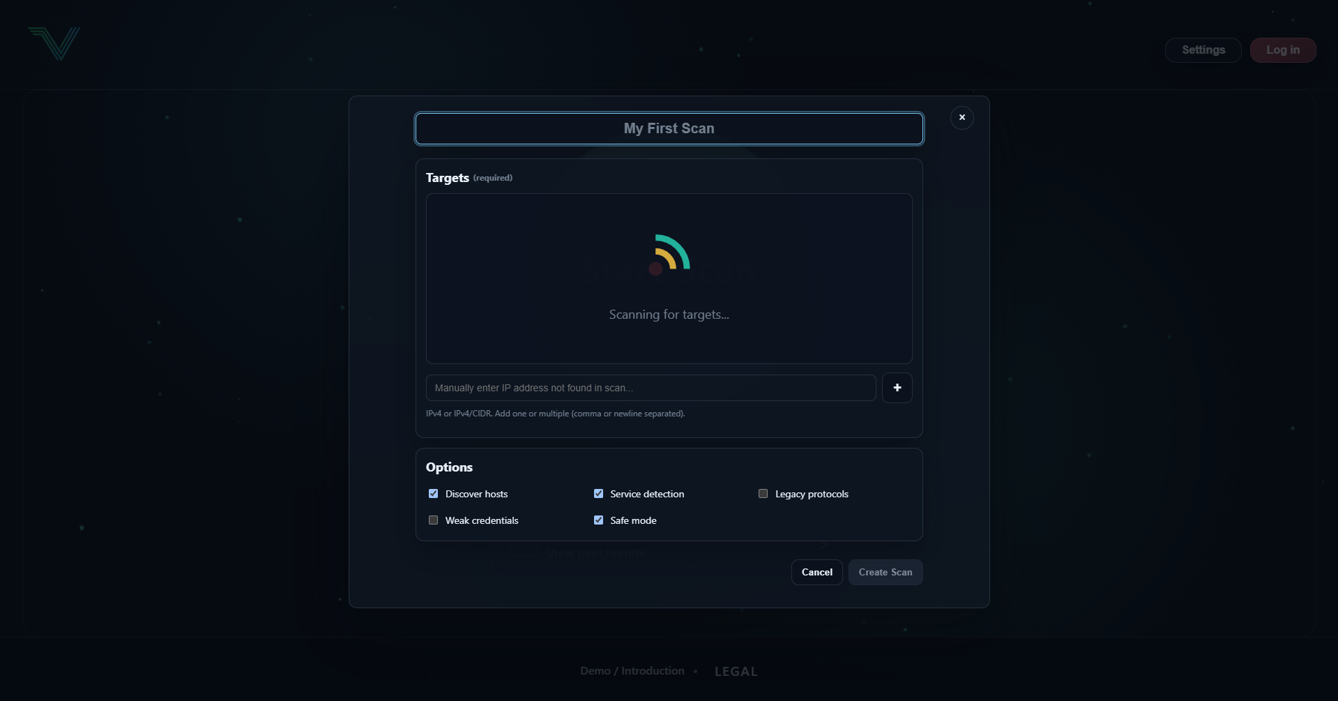 Vigil IoT scan wizard view